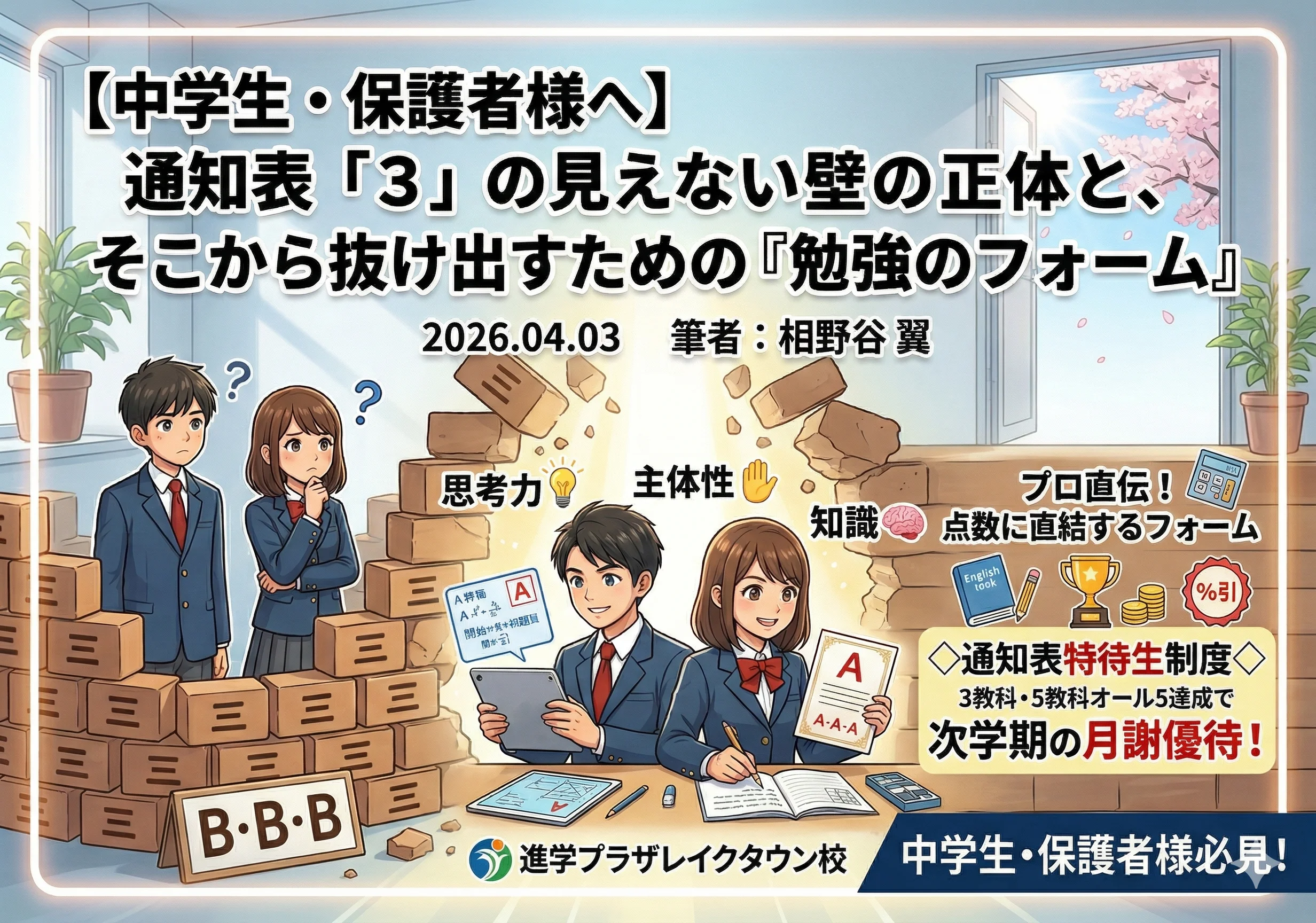 ★【中学生へ】【その保護者様へ】通知表「3」の見えない壁の正体と、そこから抜け出すための「勉強のフォーム」