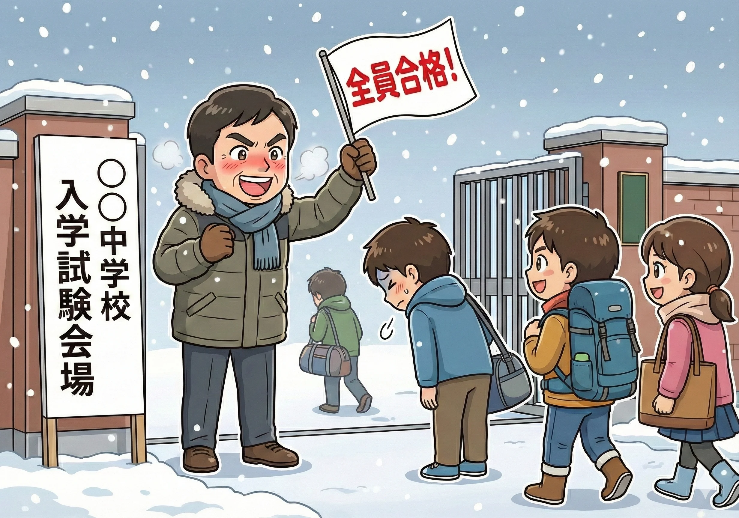雪の降る日に校門激励をする