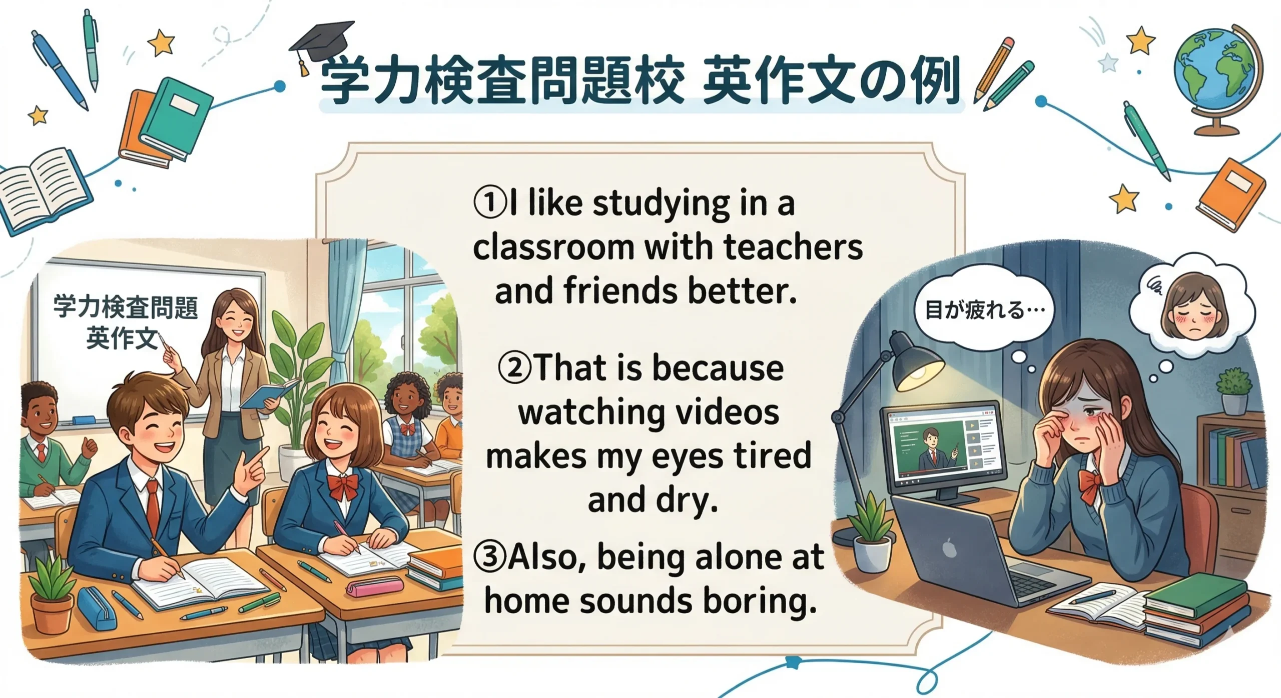 ①I like studying in a classroom with teachers and friends better.
②That is because watching videos makes my eyes tired and dry.
Also, being alone at home sounds boring.