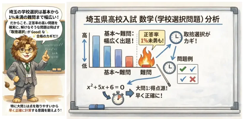 ライオンの塾講師「ライ先生」による埼玉県高校入試（数学）の攻略ポイント解説画像。 「基本から正答率1%未満の難問まで幅広く出題されるため、取捨選択が合格のカギであること」や、「大問1を早く正確に解いて得点源にすること」を、グラフやイラストを用いて説明しています。進学プラザグループSAITAMA浦和美園校作成